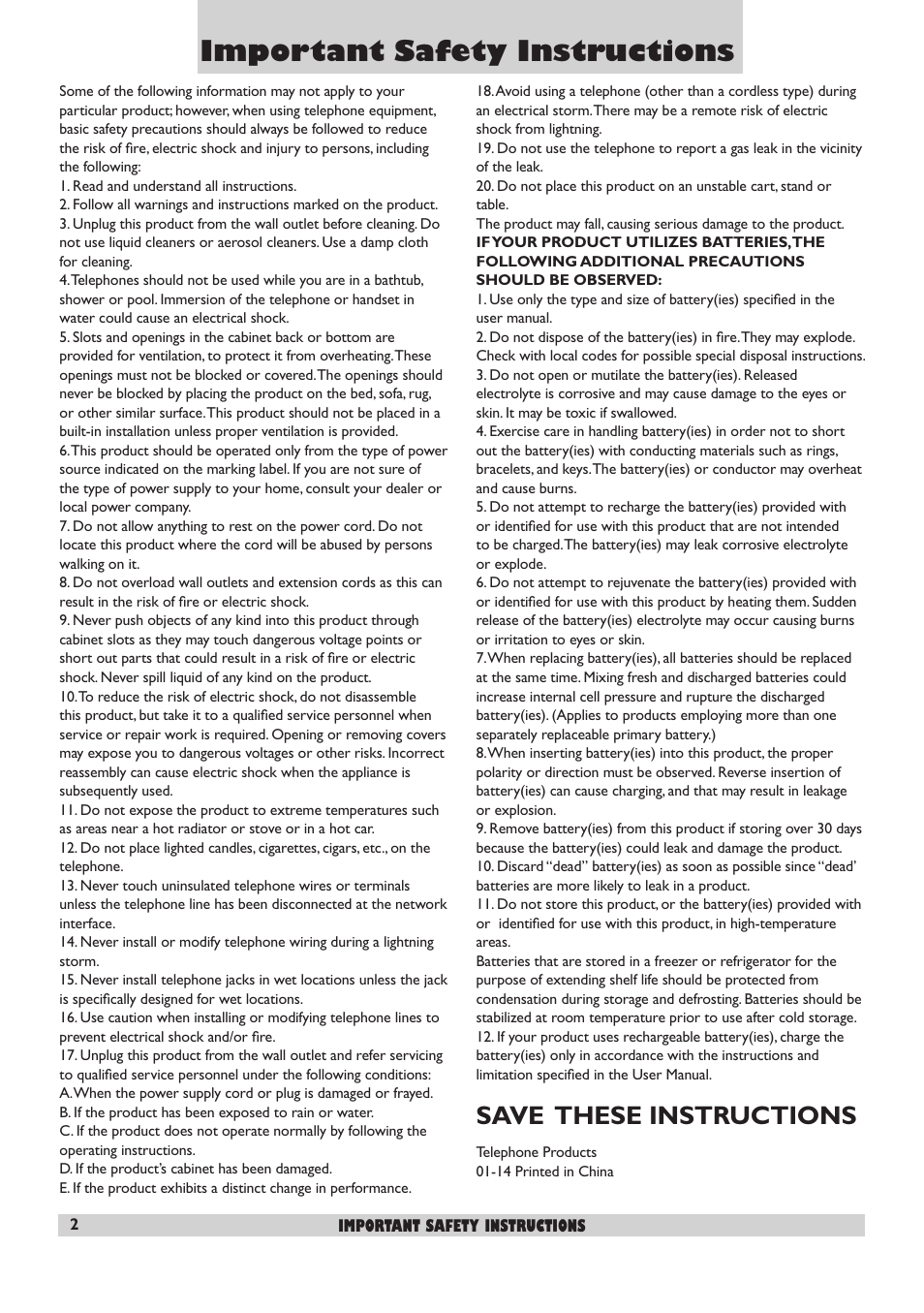 Important safety instructions, Save these instructions | Philips DECT2250 User Manual | Page 4 / 57