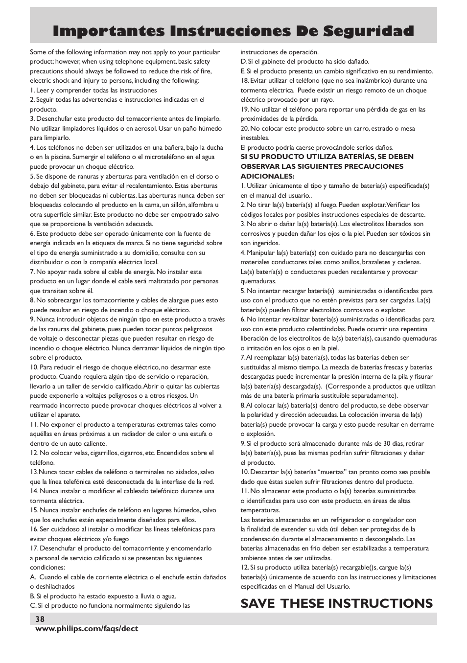 Importantes instrucciones de seguridad, Save these instructions | Philips DECT2250 User Manual | Page 40 / 57