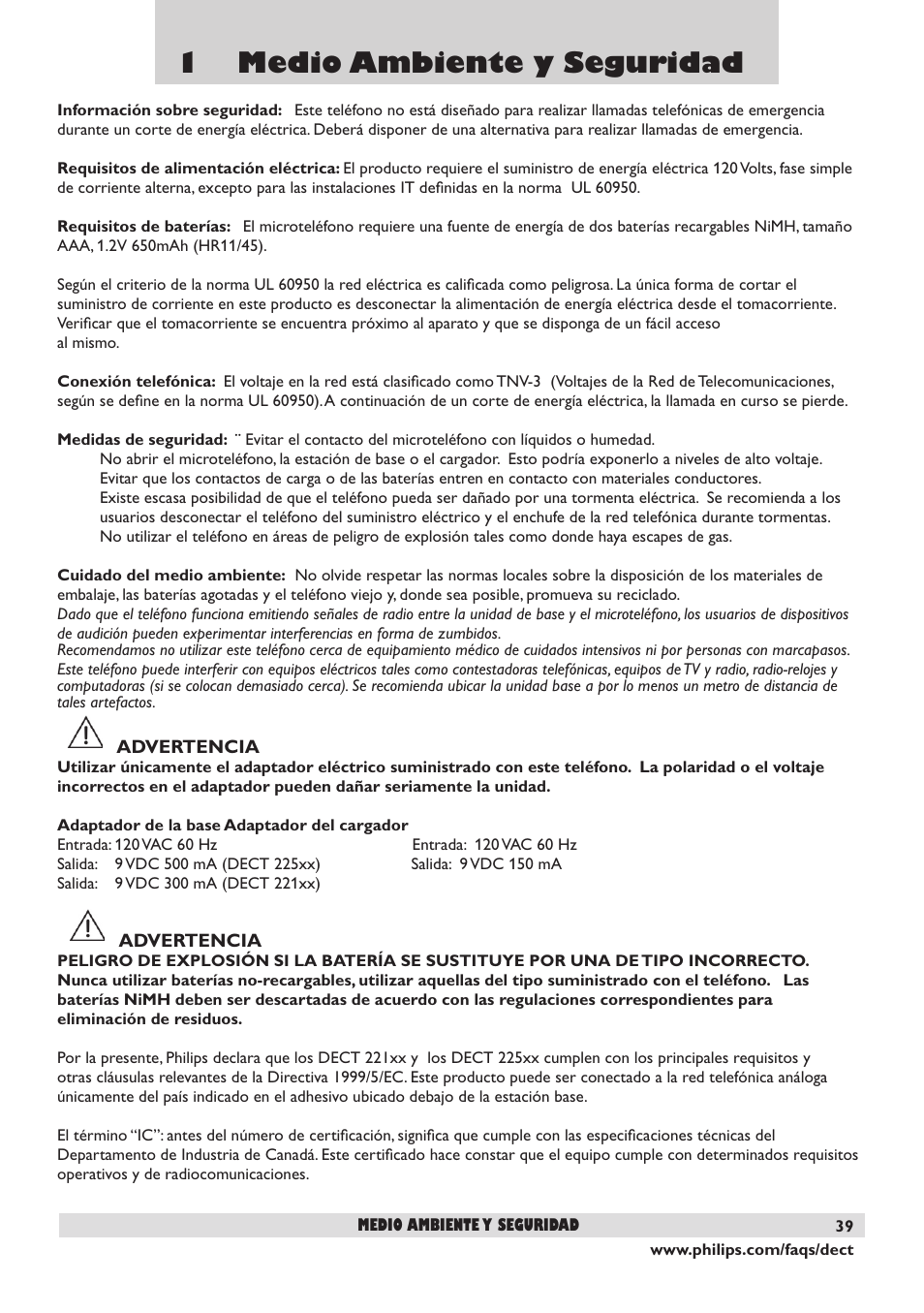 1 medio ambiente y seguridad | Philips DECT2250 User Manual | Page 41 / 57