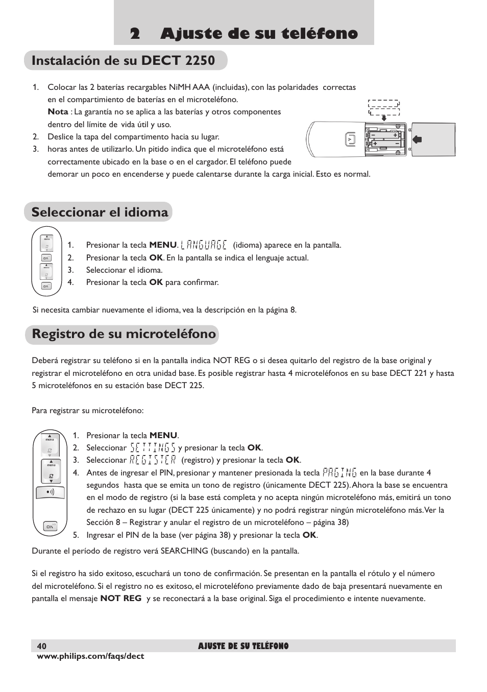 2 ajuste de su teléfono, Instalación de su dect 2250, Seleccionar el idioma | Registro de su microteléfono | Philips DECT2250 User Manual | Page 42 / 57