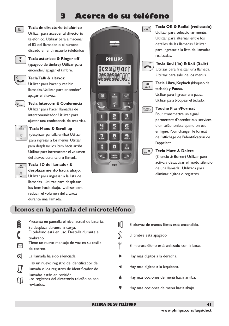 3 acerca de su teléfono, Íconos en la pantalla del microteléfono | Philips DECT2250 User Manual | Page 43 / 57