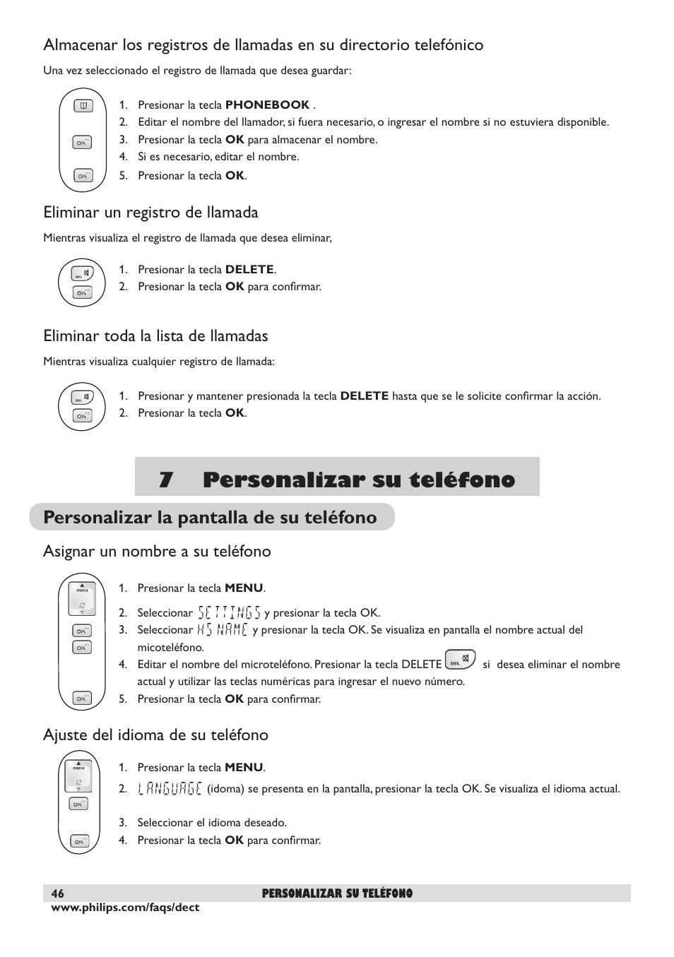 7 personalizar su teléfono, Personalizar la pantalla de su teléfono, Eliminar un registro de llamada | Eliminar toda la lista de llamadas, Asignar un nombre a su teléfono, Ajuste del idioma de su teléfono | Philips DECT2250 User Manual | Page 48 / 57