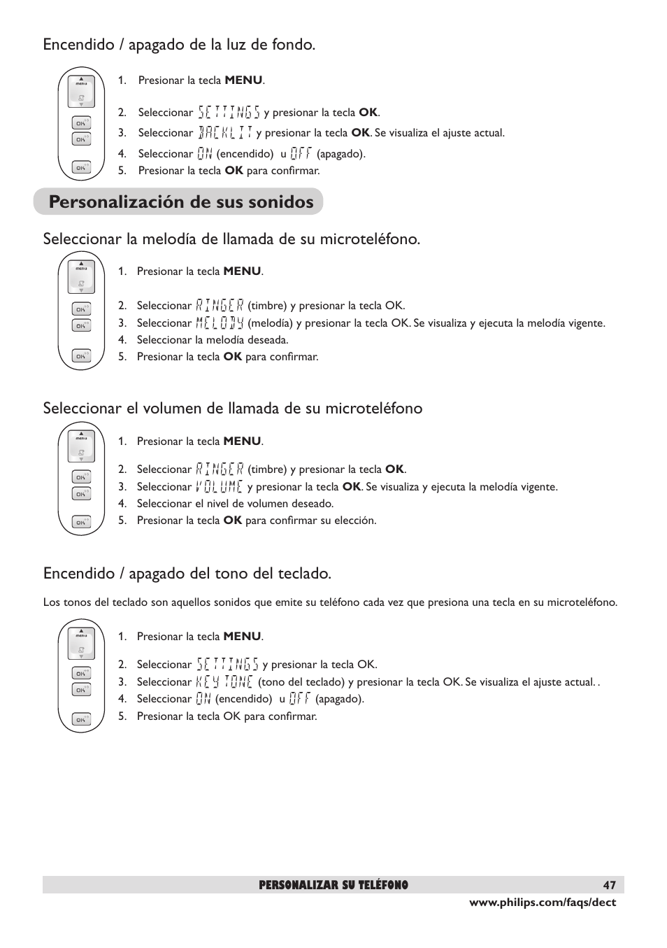 Personalización de sus sonidos, Encendido / apagado de la luz de fondo, Encendido / apagado del tono del teclado | Philips DECT2250 User Manual | Page 49 / 57