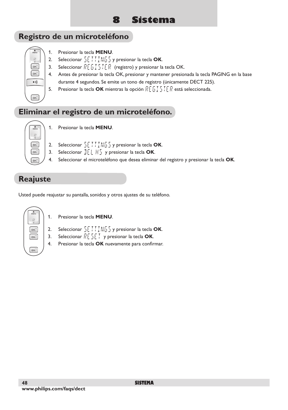 8 sistema, Registro de un microteléfono, Eliminar el registro de un microteléfono | Reajuste | Philips DECT2250 User Manual | Page 50 / 57