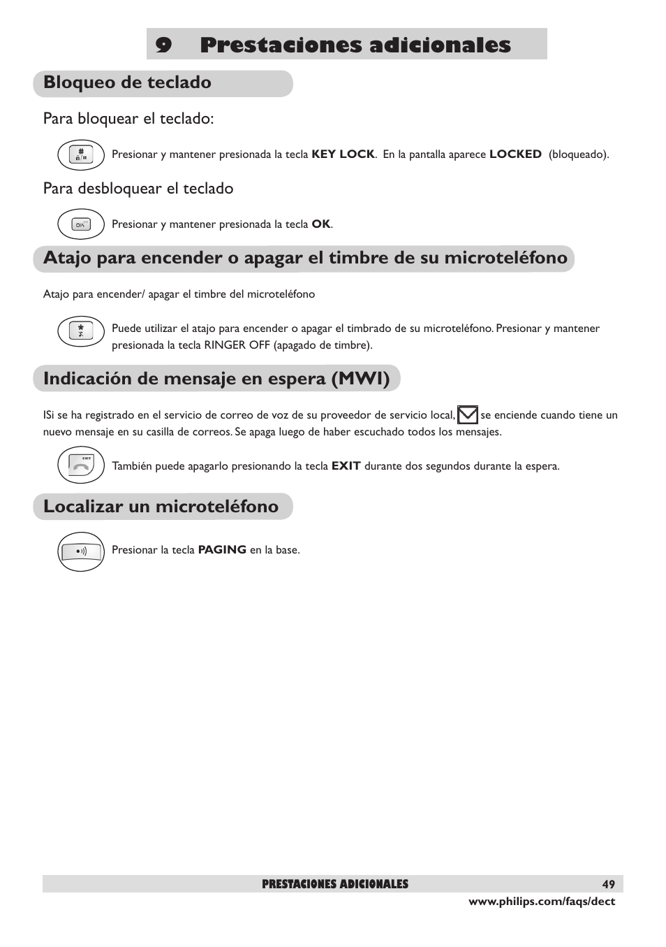 9 prestaciones adicionales, Bloqueo de teclado, Indicación de mensaje en espera (mwi) | Localizar un microteléfono | Philips DECT2250 User Manual | Page 51 / 57