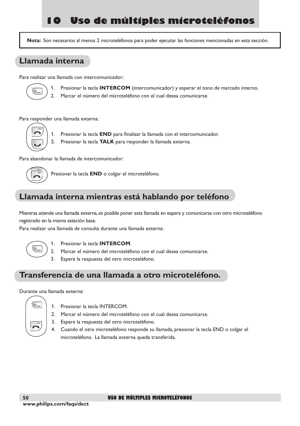 10 uso de múltiples microteléfonos, Llamada interna, Transferencia de una llamada a otro microteléfono | Philips DECT2250 User Manual | Page 52 / 57