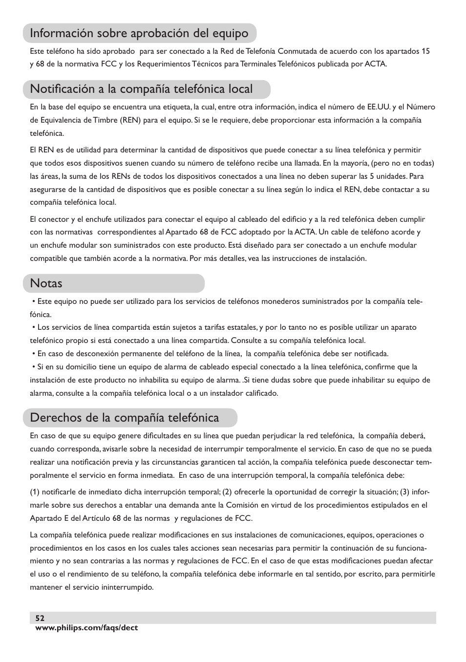 Información sobre aprobación del equipo, Notiﬁcación a la compañía telefónica local, Notas | Derechos de la compañía telefónica | Philips DECT2250 User Manual | Page 54 / 57