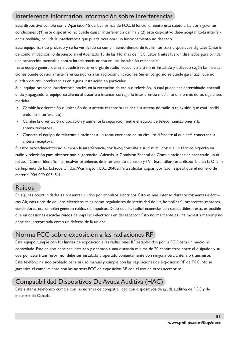 Ruidos, Norma fcc sobre exposición a las radiaciones rf | Philips DECT2250 User Manual | Page 55 / 57