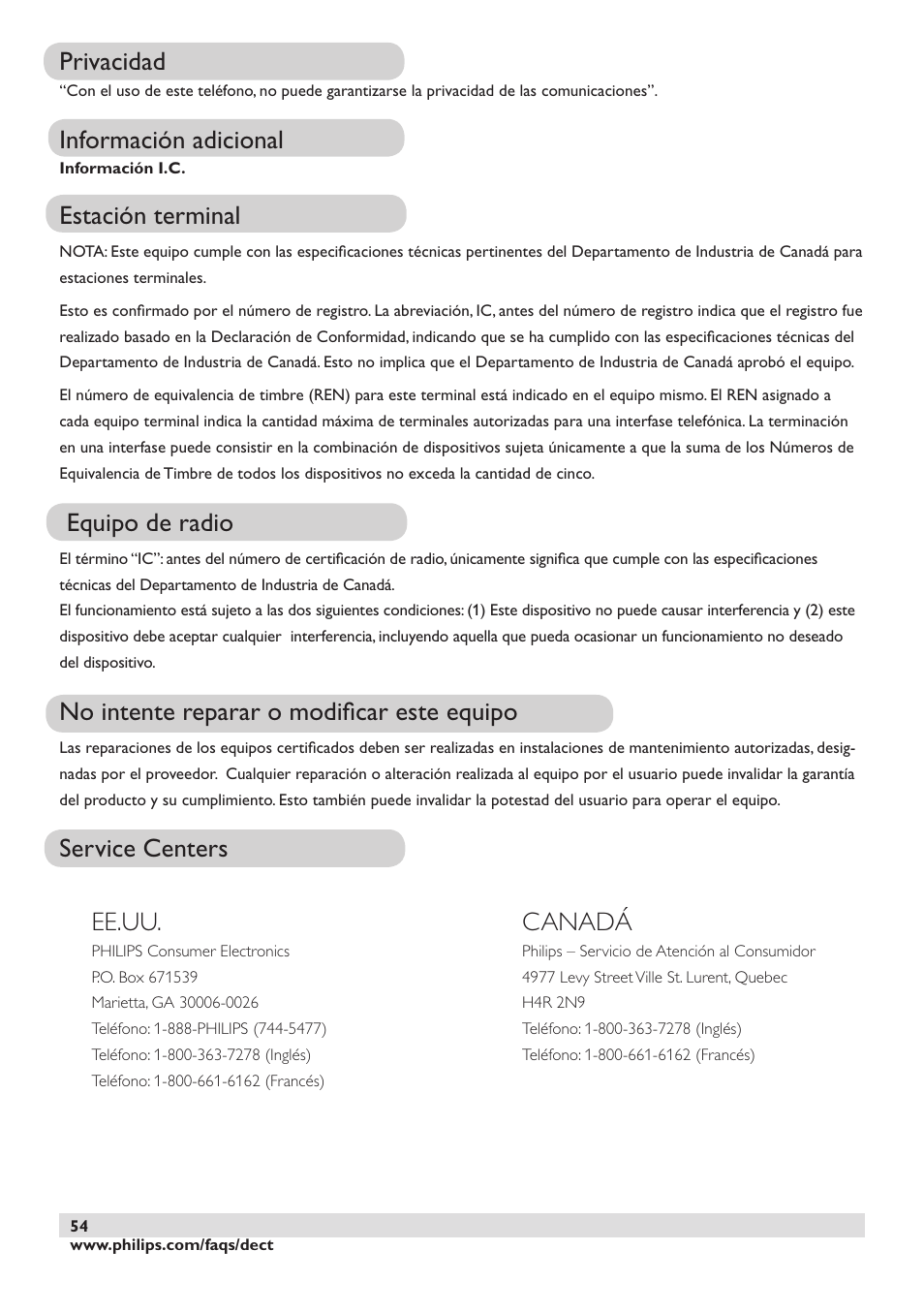 Privacidad, Información adicional, Estación terminal | Equipo de radio, No intente reparar o modiﬁcar este equipo, Service centers ee.uu, Canadá | Philips DECT2250 User Manual | Page 56 / 57