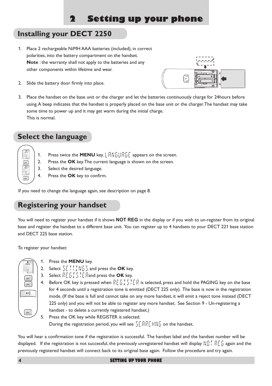 2 setting up your phone, Installing your dect 2250, Select the language | Registering your handset | Philips DECT2250 User Manual | Page 6 / 57