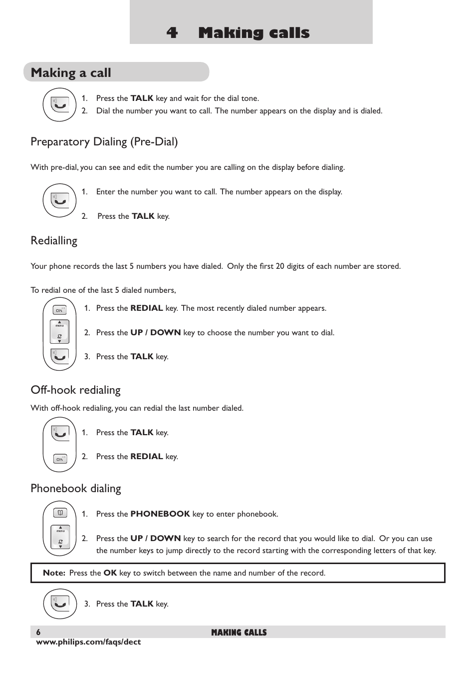 4 making calls, Making a call, Preparatory dialing (pre-dial) | Redialling, Off-hook redialing, Phonebook dialing | Philips DECT2250 User Manual | Page 8 / 57