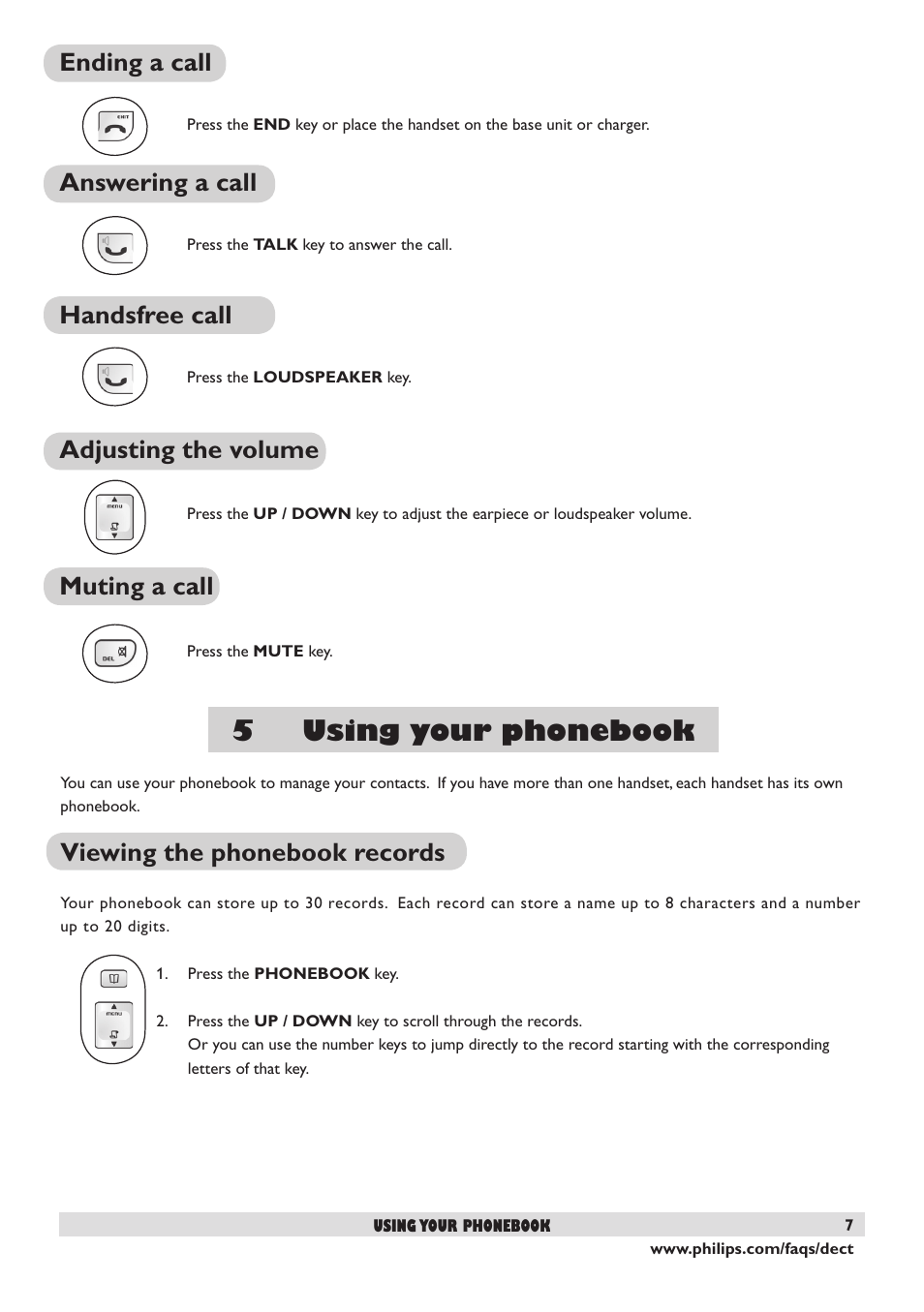 5 using your phonebook, Viewing the phonebook records, Ending a call | Answering a call, Handsfree call, Adjusting the volume, Muting a call | Philips DECT2250 User Manual | Page 9 / 57