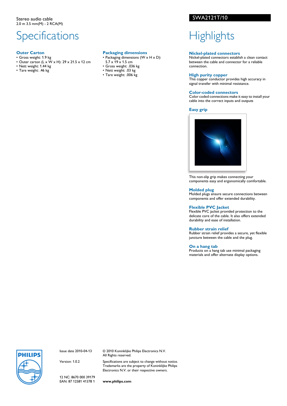 Specifications, Highlights | Philips SWA2121T/10 User Manual | Page 2 / 2