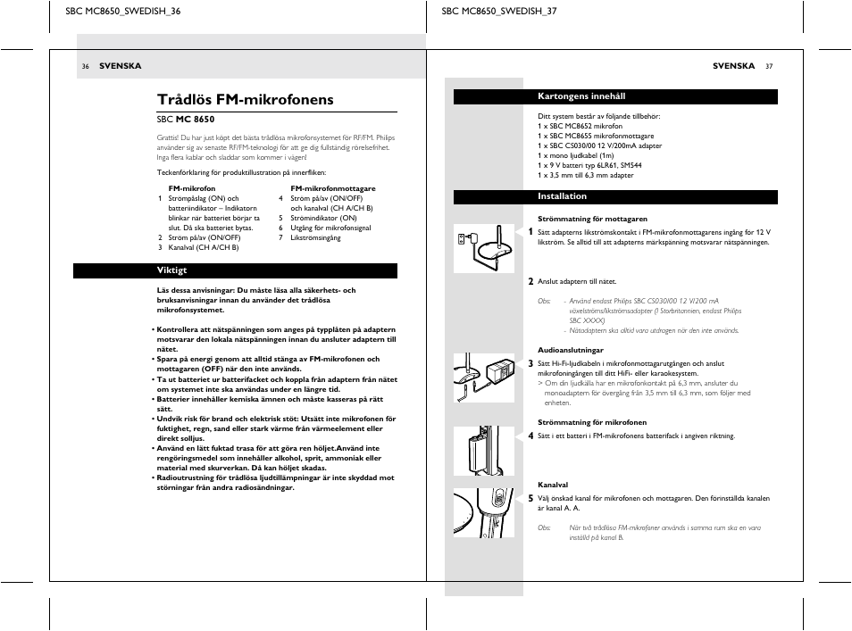 Trådlös fm-mikrofonens, Dc 12v mic out | Philips SBC MC8650 User Manual | Page 18 / 34