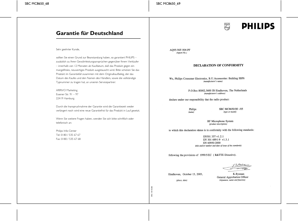 Garantie für deutschland | Philips SBC MC8650 User Manual | Page 34 / 34