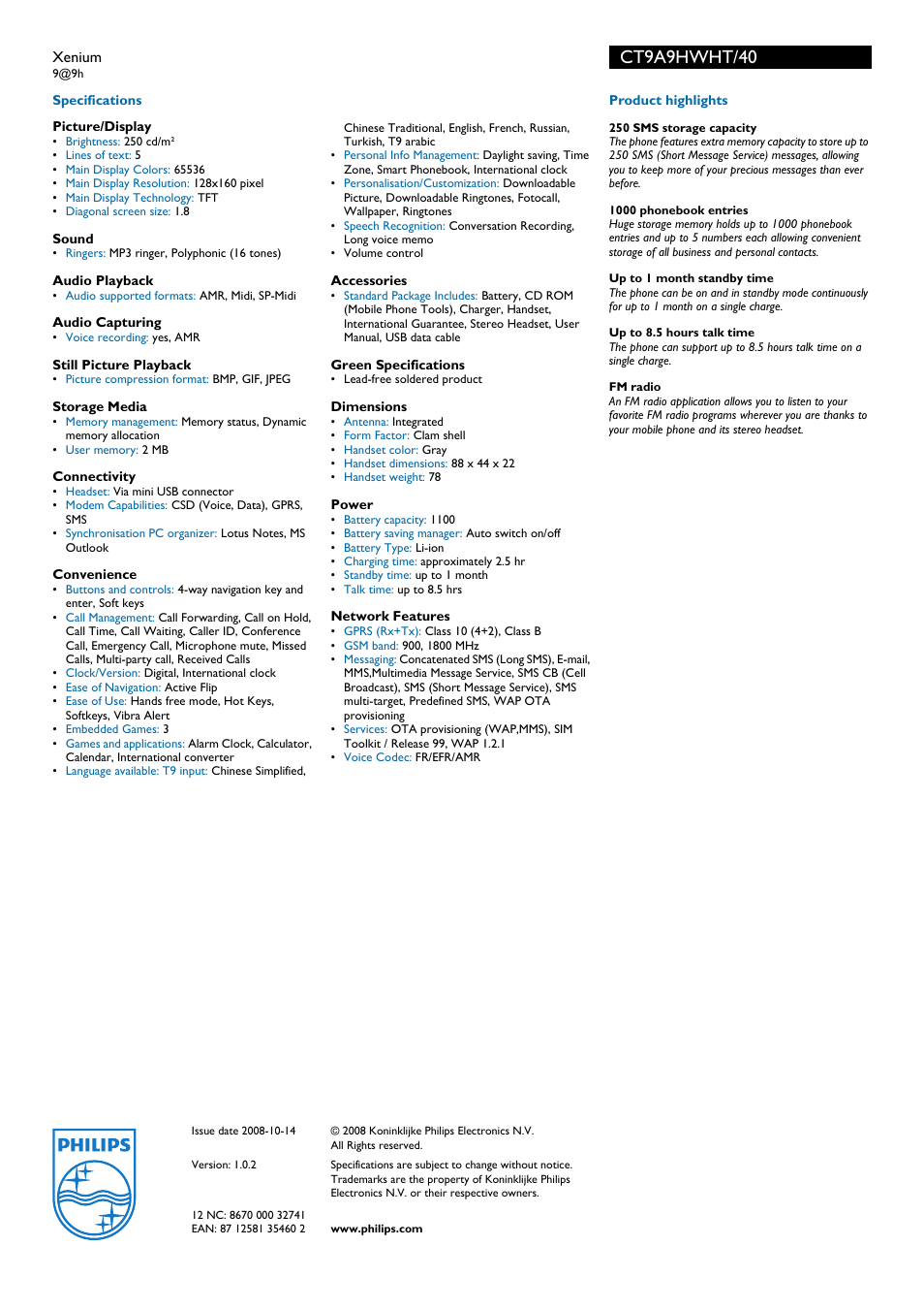 Ct9a9hwht/40 | Philips Xenium CT9A9HWHT User Manual | Page 2 / 2