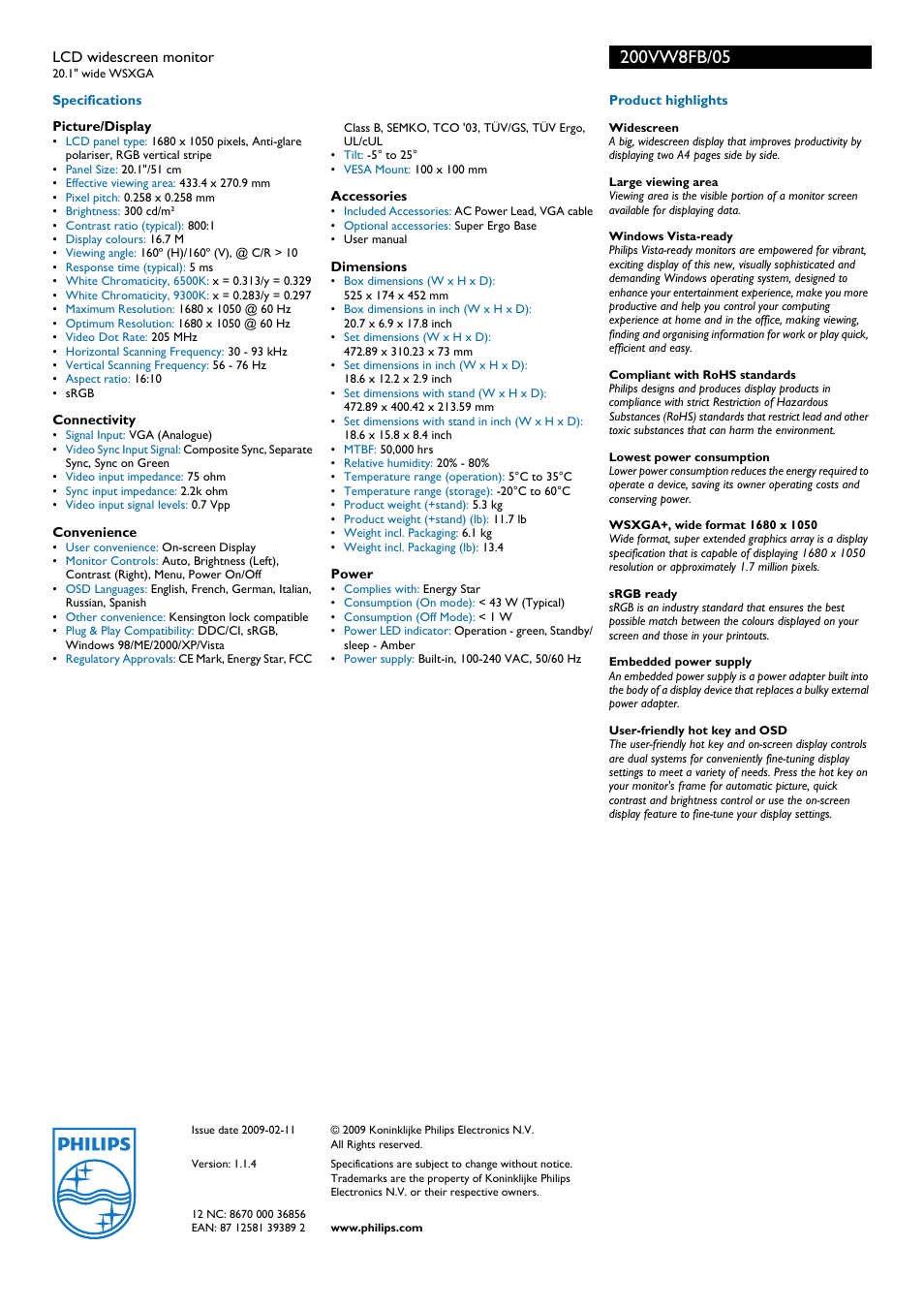 Philips WSXGA 200VW8FB/05 User Manual | Page 2 / 2