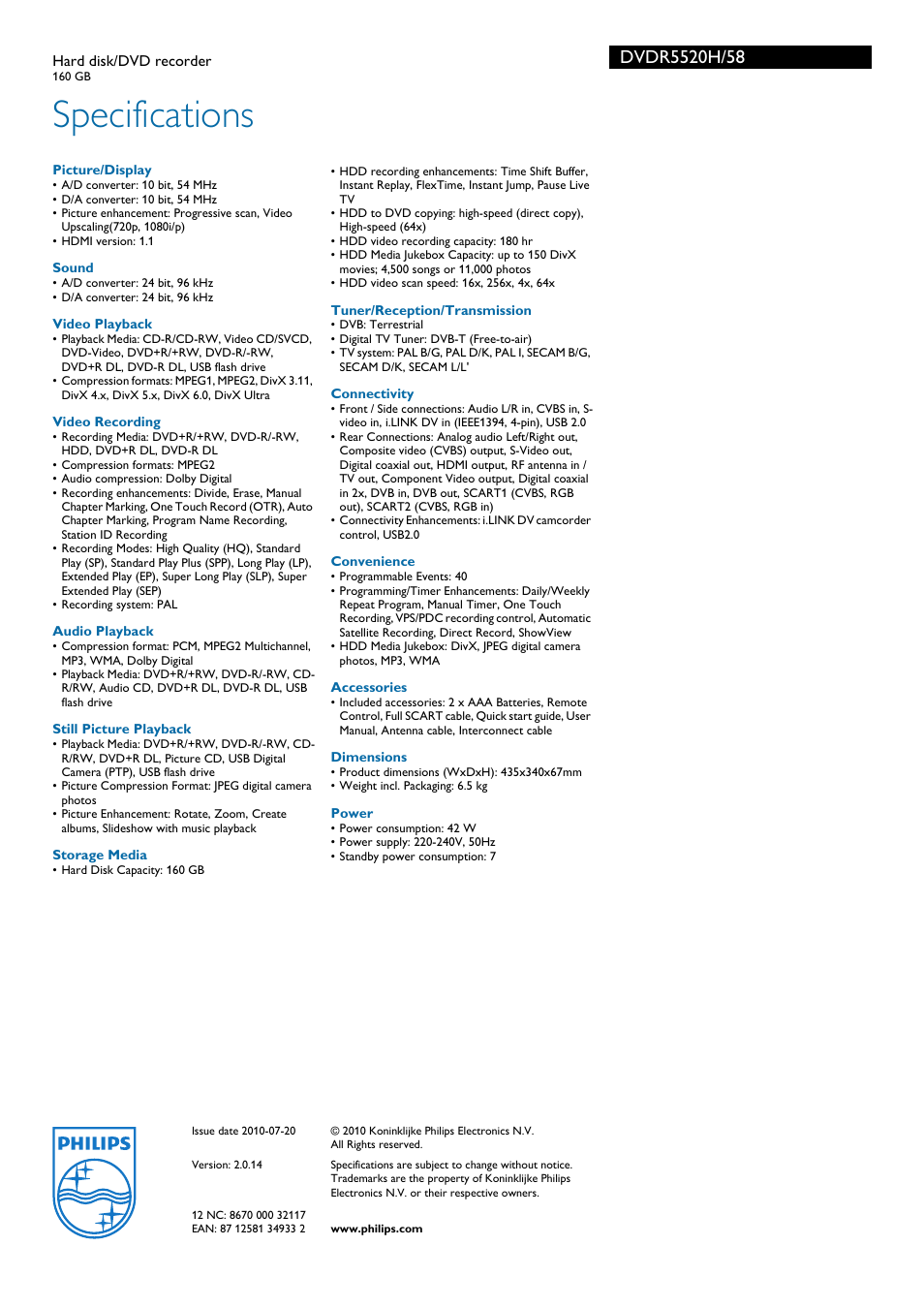Specifications | Philips DVDR5520H User Manual | Page 3 / 3