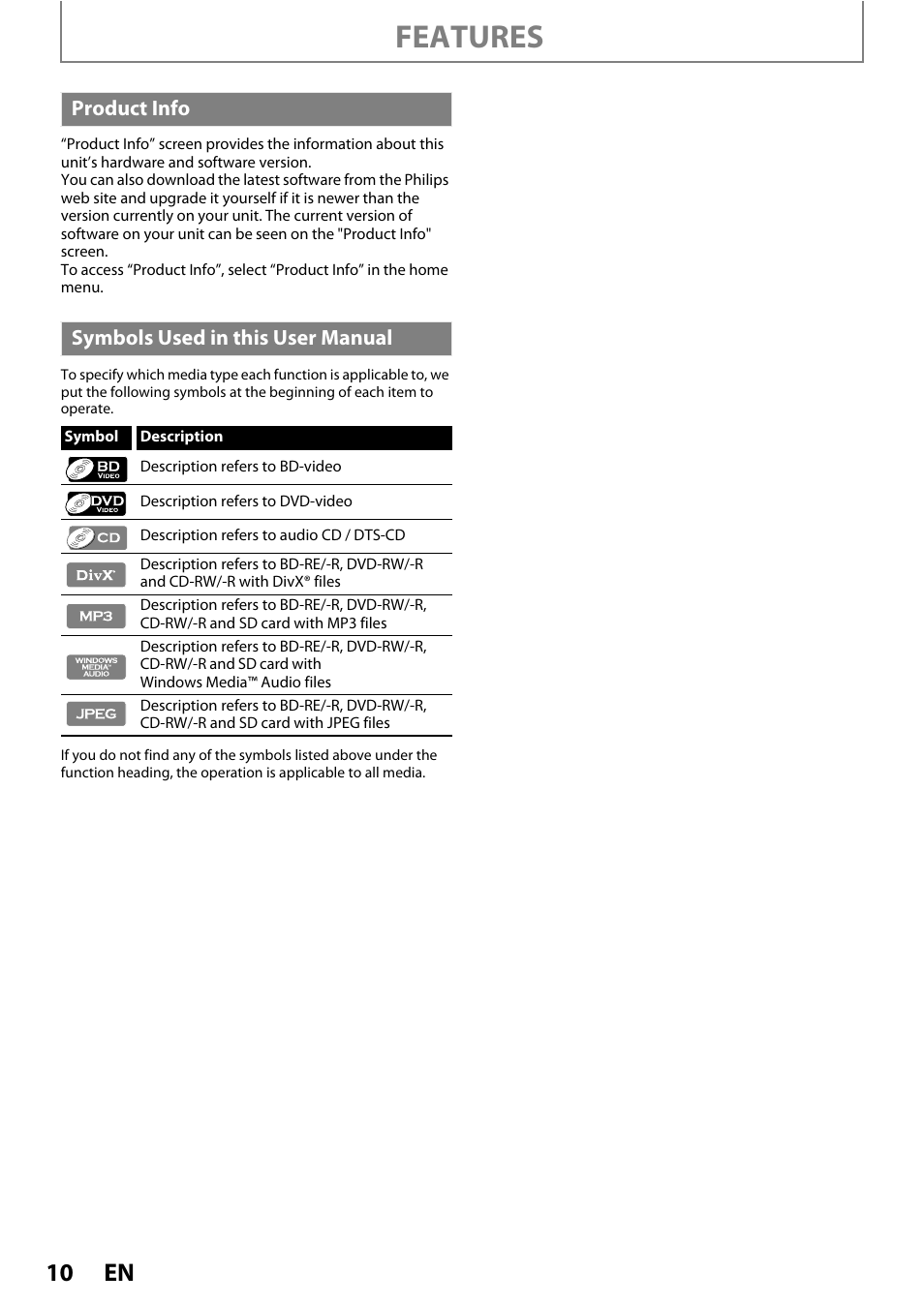 Product info symbols used in this user manual, Features | Philips HTS3251B/F7 User Manual | Page 10 / 68