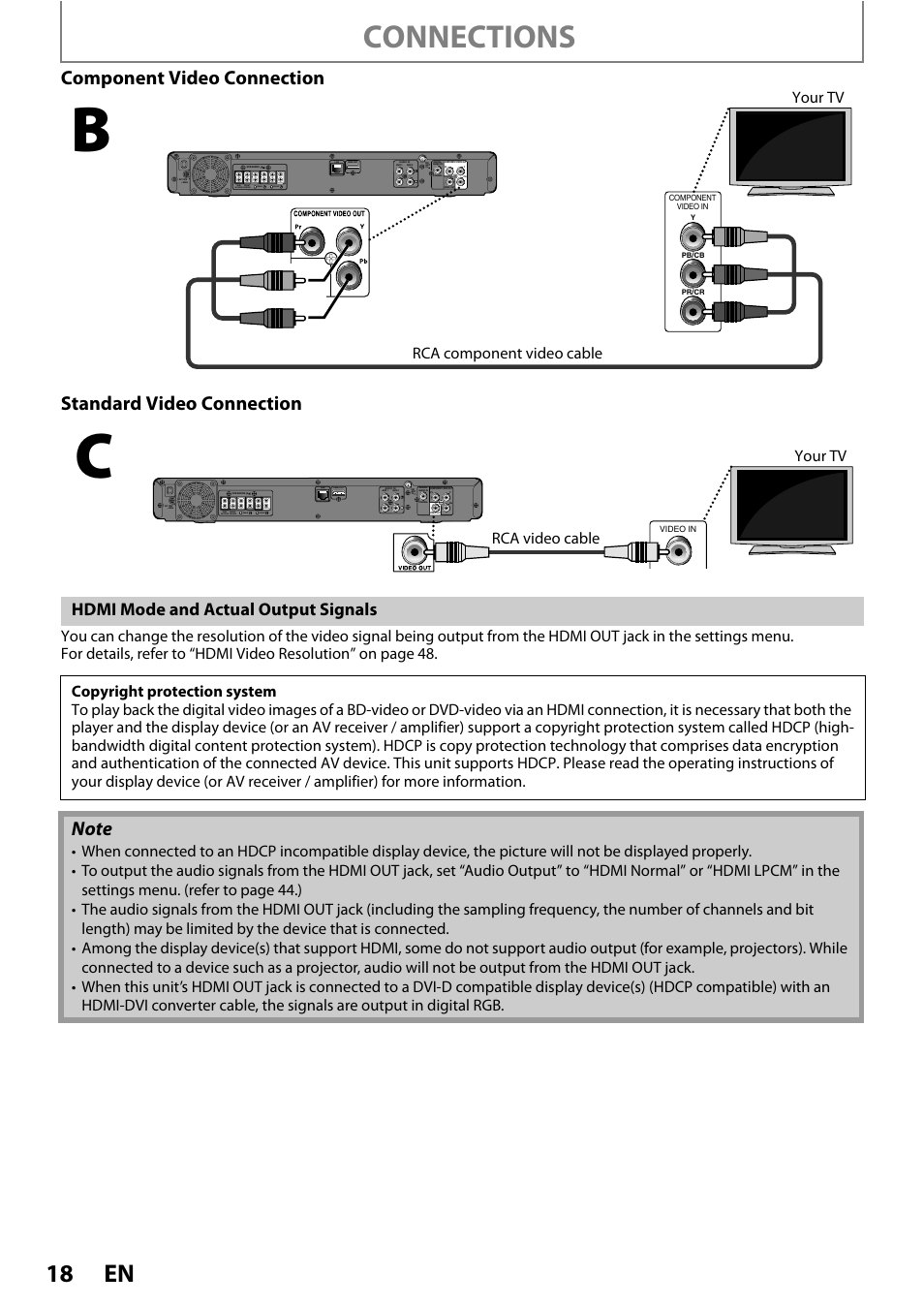 Connections, Hdmi mode and actual output signals, Rca component video cable your tv | Sub- woofer front center rear front | Philips HTS3251B/F7 User Manual | Page 18 / 68