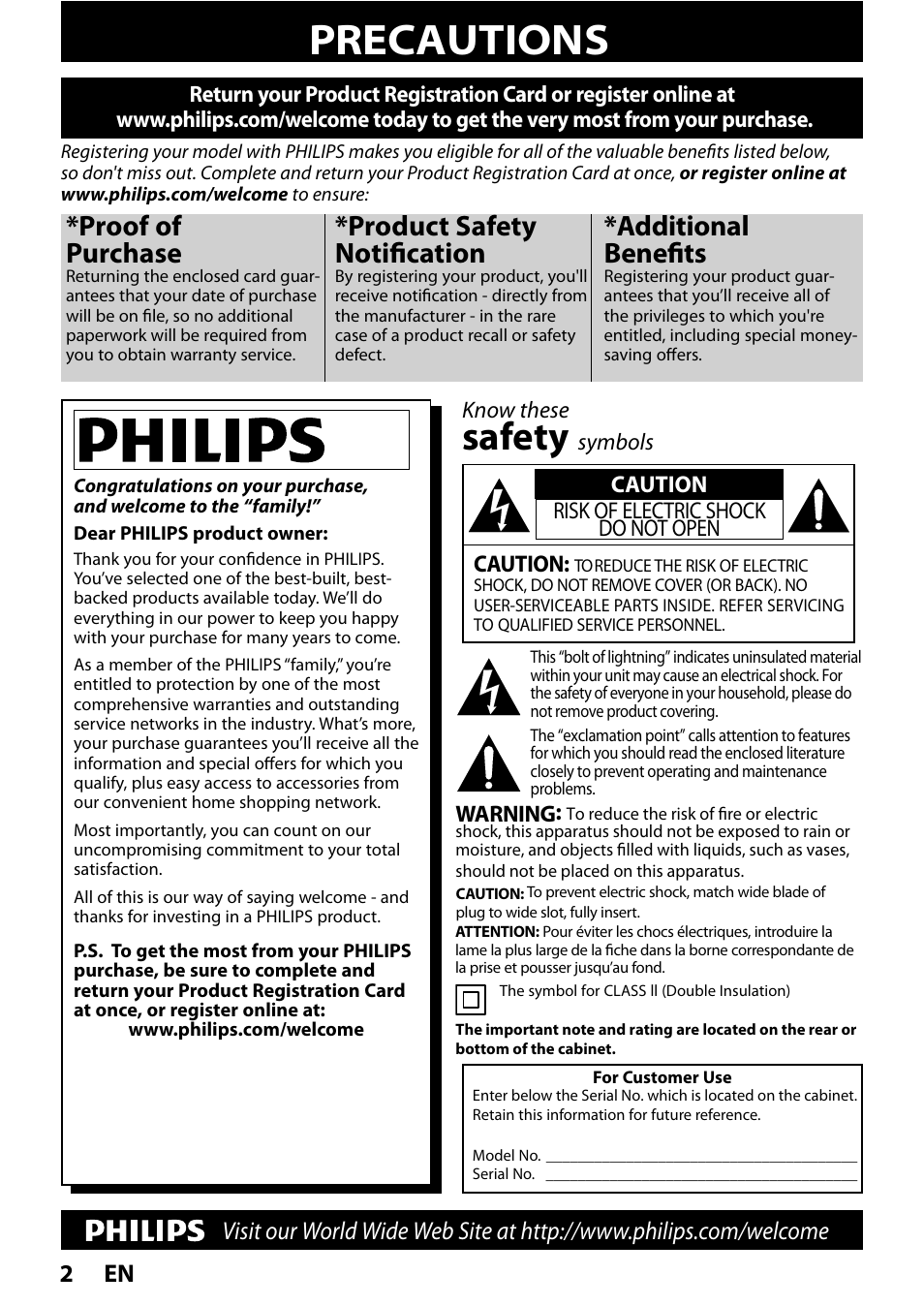 Introduction, Precautions, Safety | Proof of purchase, Product safety notification, Additional benefits, En 2, Know these, Symbols caution, Caution risk of electric shock do not open | Philips HTS3251B/F7 User Manual | Page 2 / 68