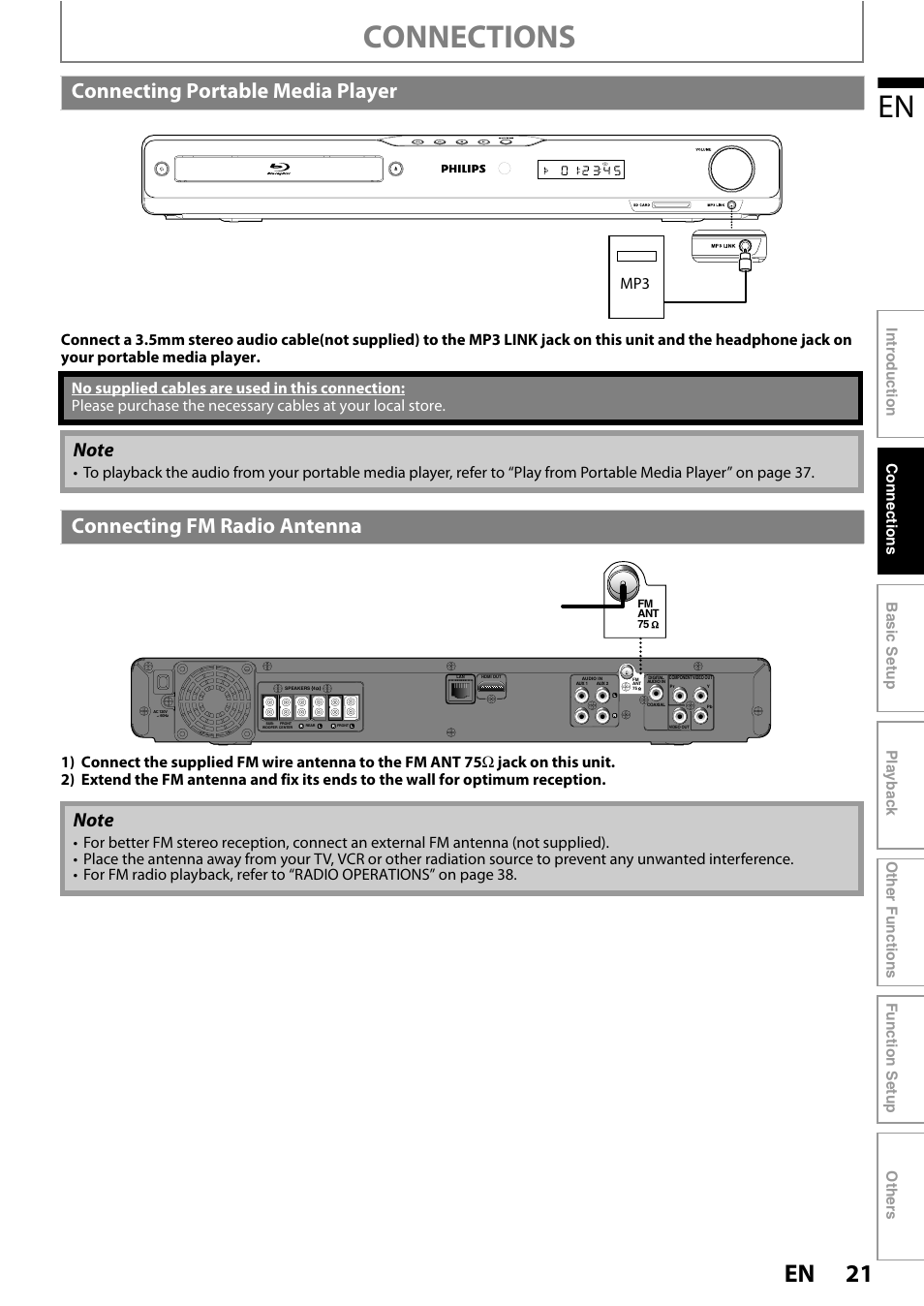 Connections, Connecting portable media player, Connecting fm radio antenna | Philips HTS3251B/F7 User Manual | Page 21 / 68