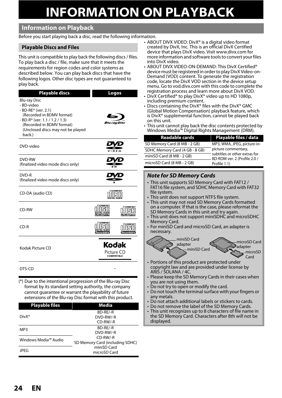 Playback, Information on playback, En 24 | Philips HTS3251B/F7 User Manual | Page 24 / 68