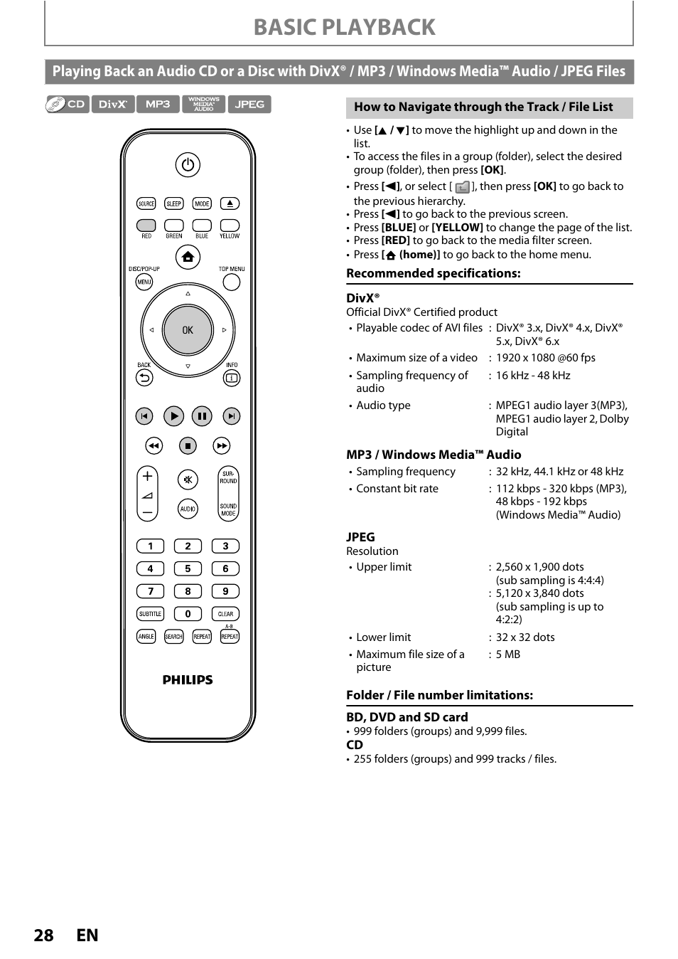 Windows media™ audio / jpeg files, Basic playback | Philips HTS3251B/F7 User Manual | Page 28 / 68