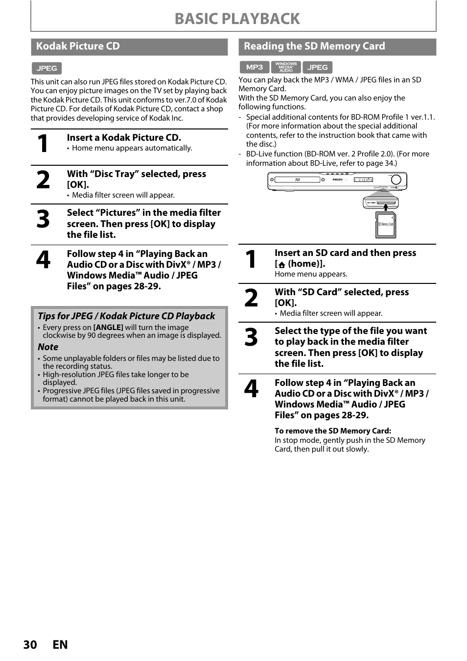 Kodak picture cd reading the sd memory card, Basic playback | Philips HTS3251B/F7 User Manual | Page 30 / 68