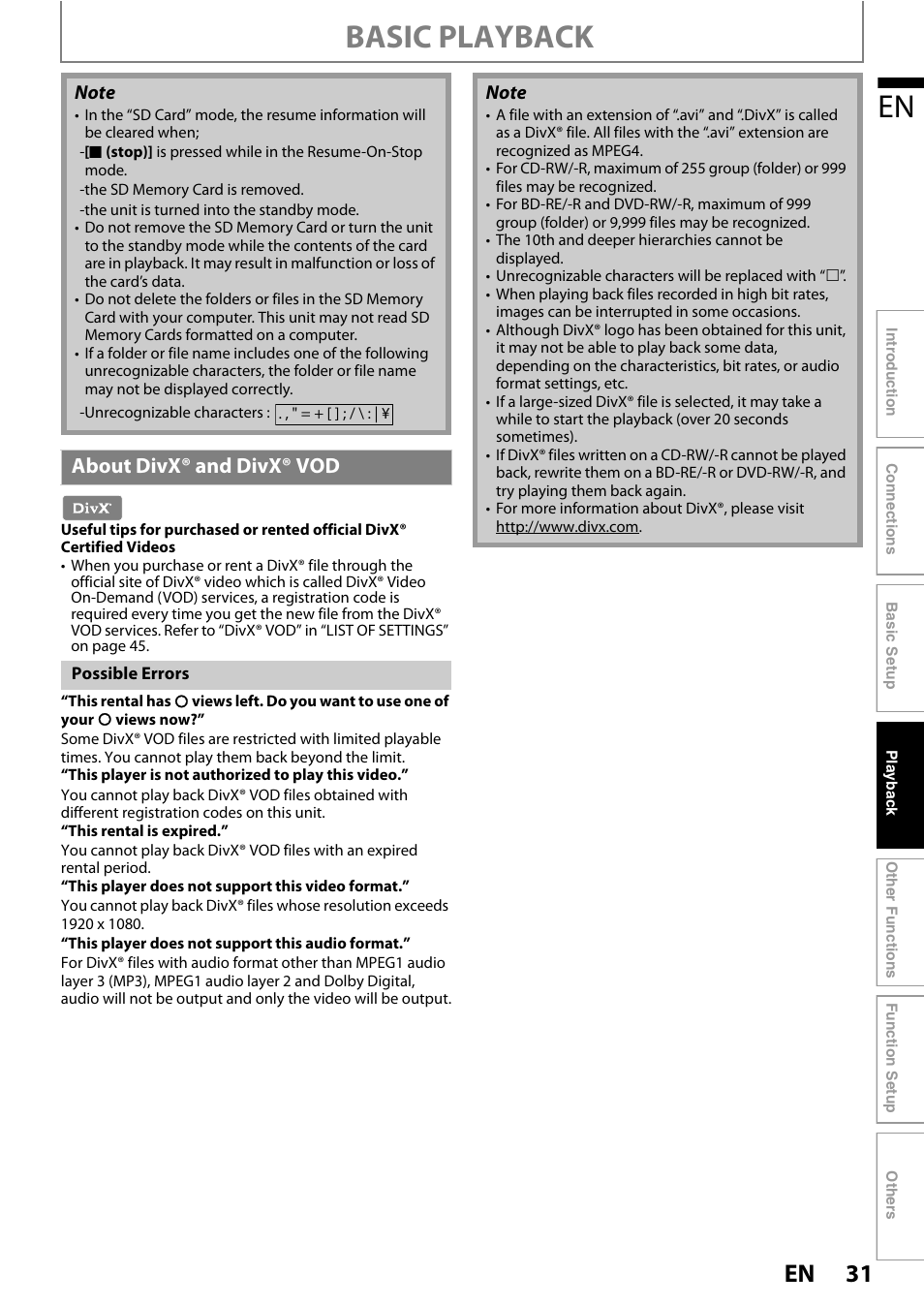 About divx® and divx® vod, Basic playback | Philips HTS3251B/F7 User Manual | Page 31 / 68