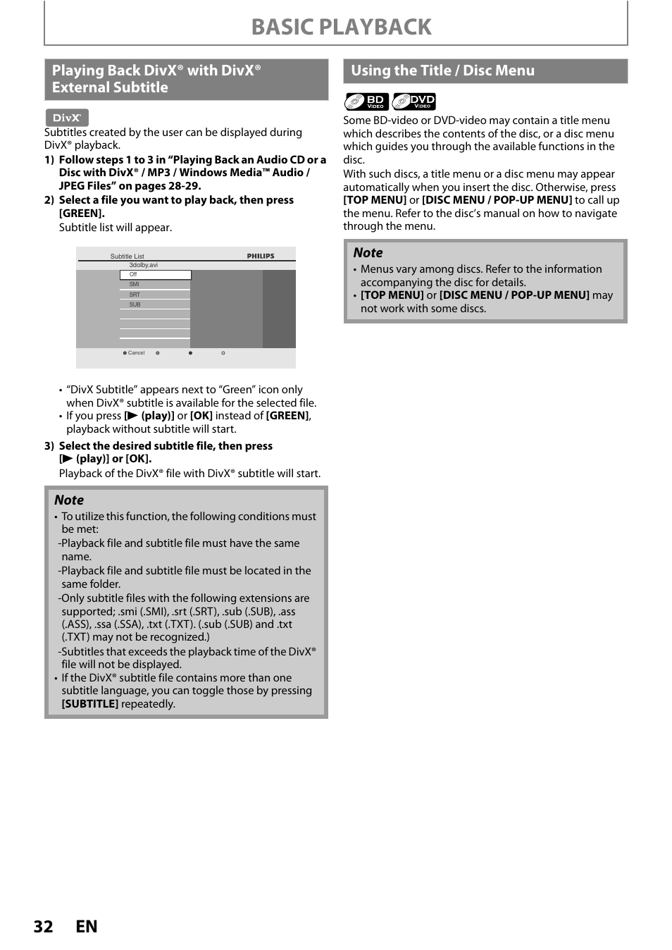 Basic playback, Playing back divx® with divx® external subtitle, Using the title / disc menu | Philips HTS3251B/F7 User Manual | Page 32 / 68