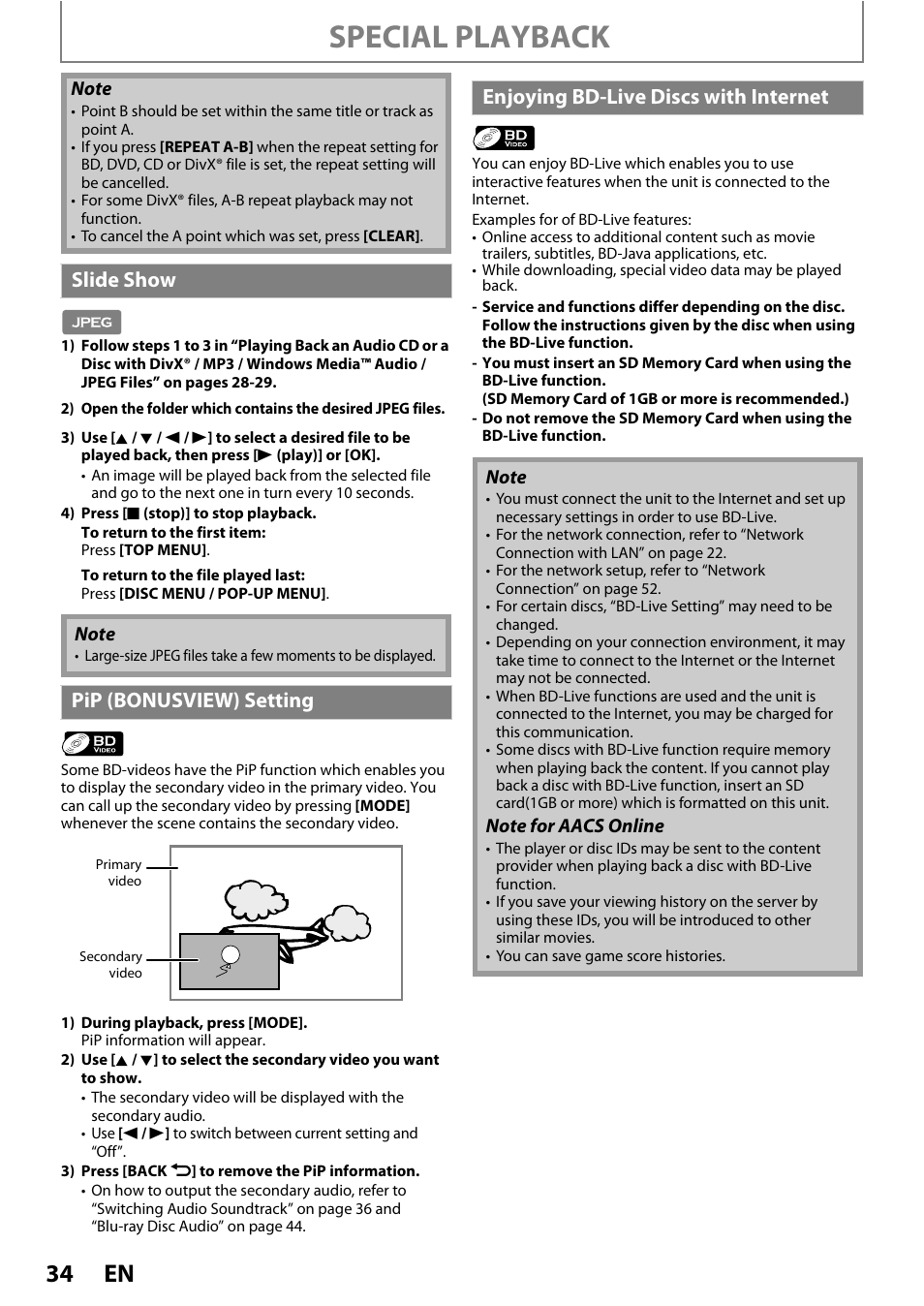 Special playback, Slide show, Pip (bonusview) setting | Enjoyi ng bd-live disc s with internet | Philips HTS3251B/F7 User Manual | Page 34 / 68