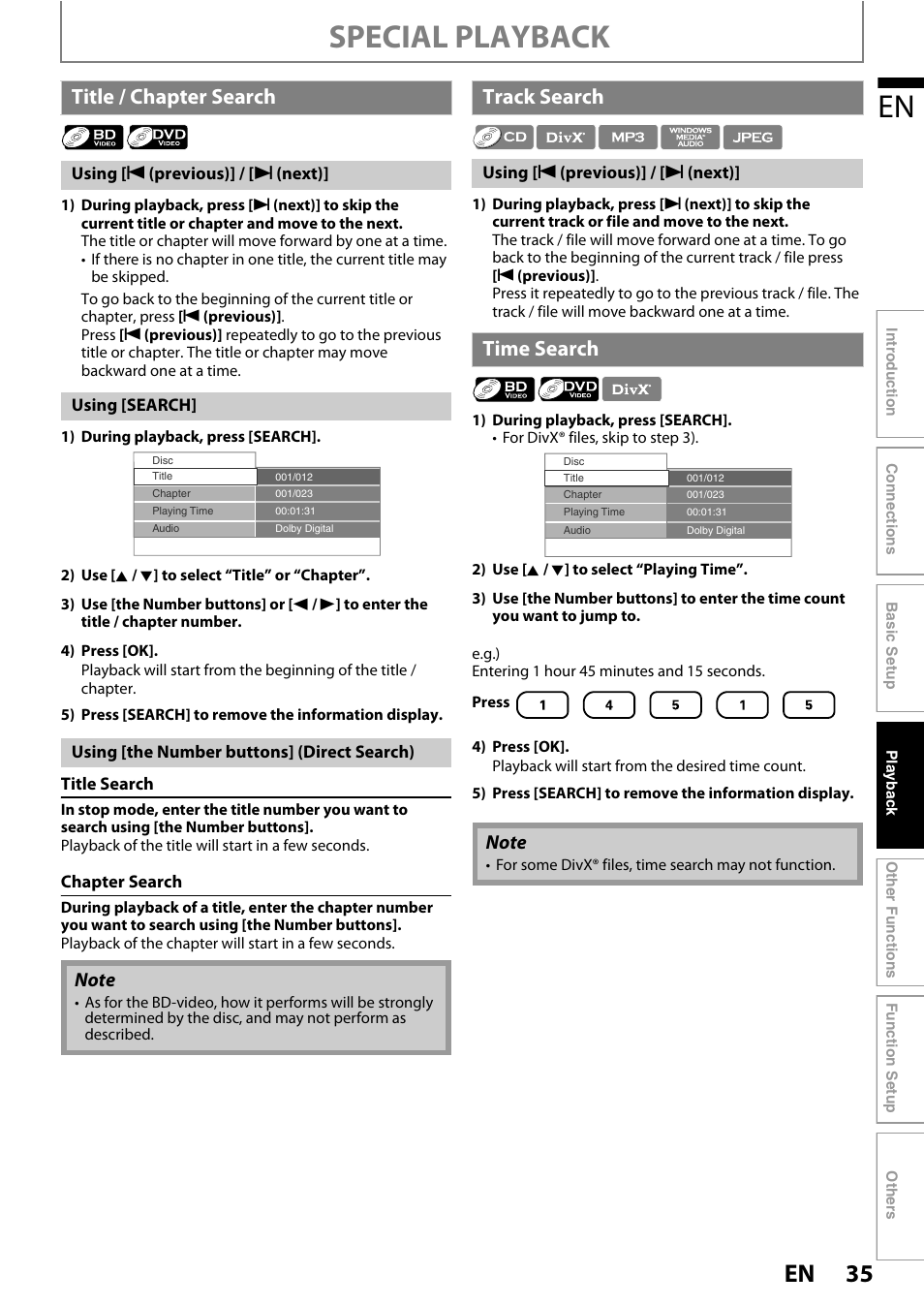 Title / chapter search track search time search, Special playback, Title / chapter search | Track search, Time search | Philips HTS3251B/F7 User Manual | Page 35 / 68