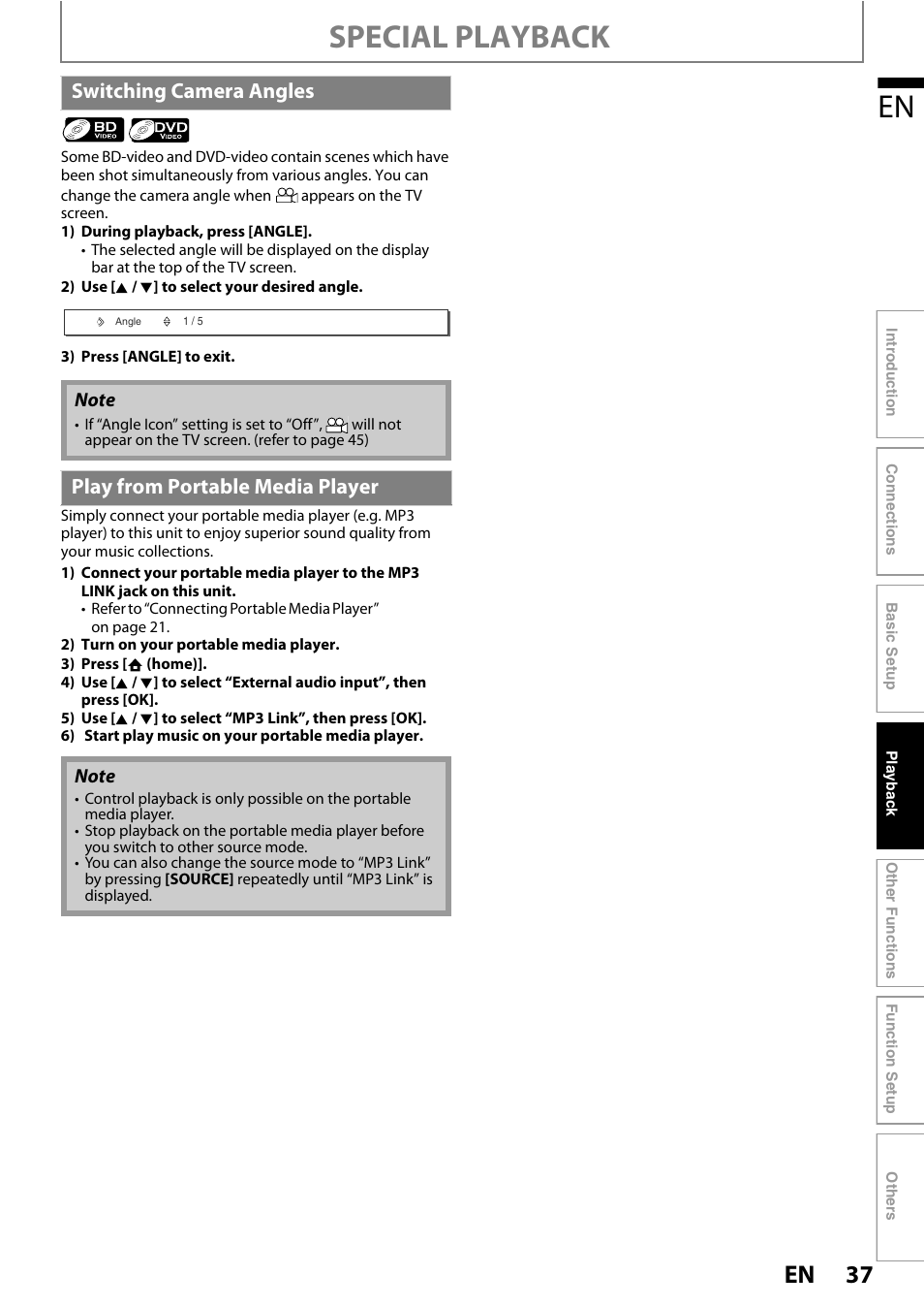 Special playback, Switching camera angles, Play from portable media player | Philips HTS3251B/F7 User Manual | Page 37 / 68