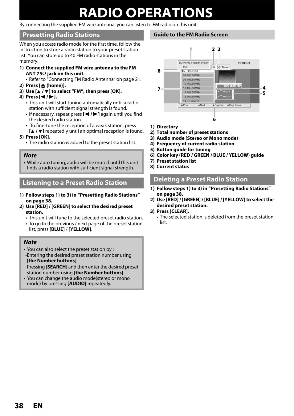 Other functions, Radio operations, En 38 | Presetting radio stations, Listening to a preset radio station, Deleting a preset radio station, Guide to the fm radio screen | Philips HTS3251B/F7 User Manual | Page 38 / 68