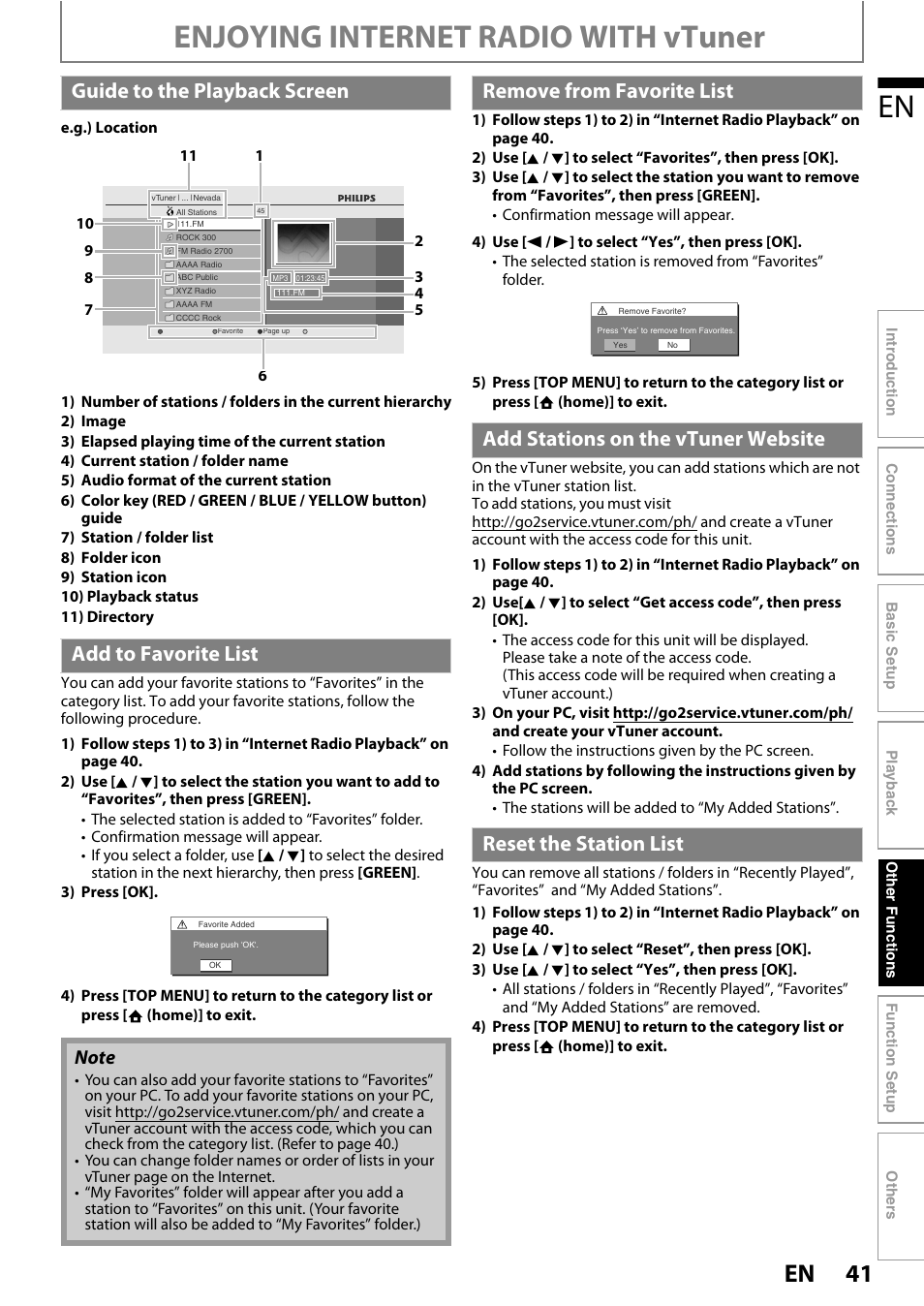 Enjoying internet radio with vtuner, Guide to the playback screen add to favorite list | Philips HTS3251B/F7 User Manual | Page 41 / 68