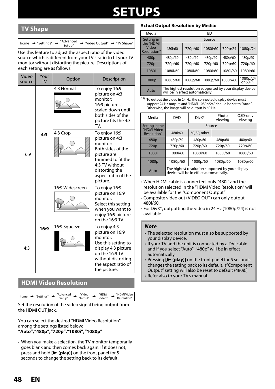 Setups, Tv shape hdmi video resolution, En 48 | Tv shape, Hdmi video resolution | Philips HTS3251B/F7 User Manual | Page 48 / 68