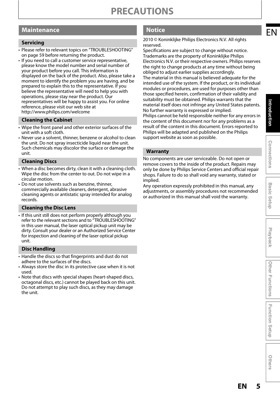 Precautions, Maintenance, Notice | Philips HTS3251B/F7 User Manual | Page 5 / 68