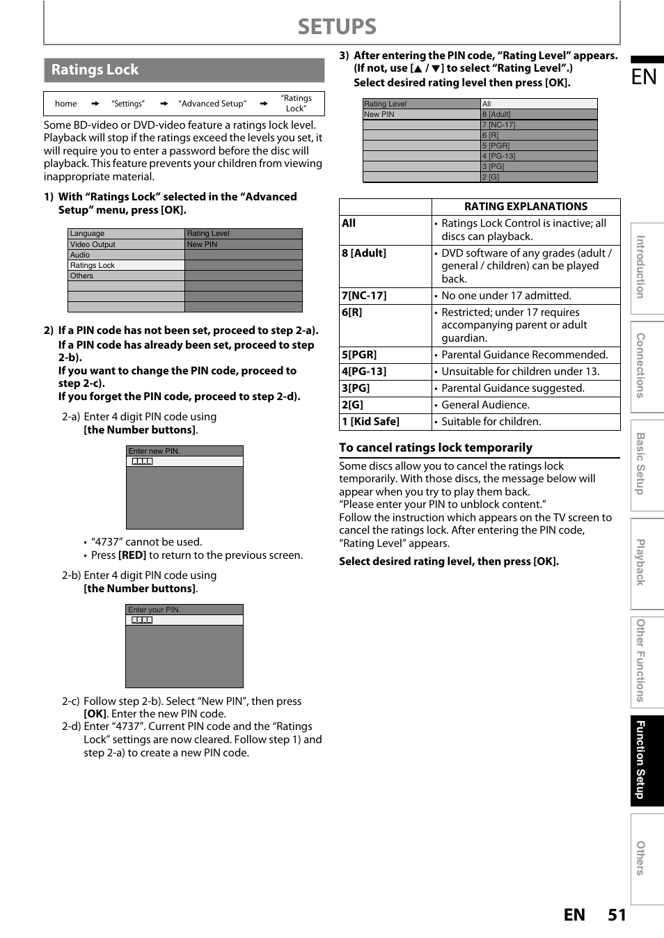 Ratings lock, Setups | Philips HTS3251B/F7 User Manual | Page 51 / 68