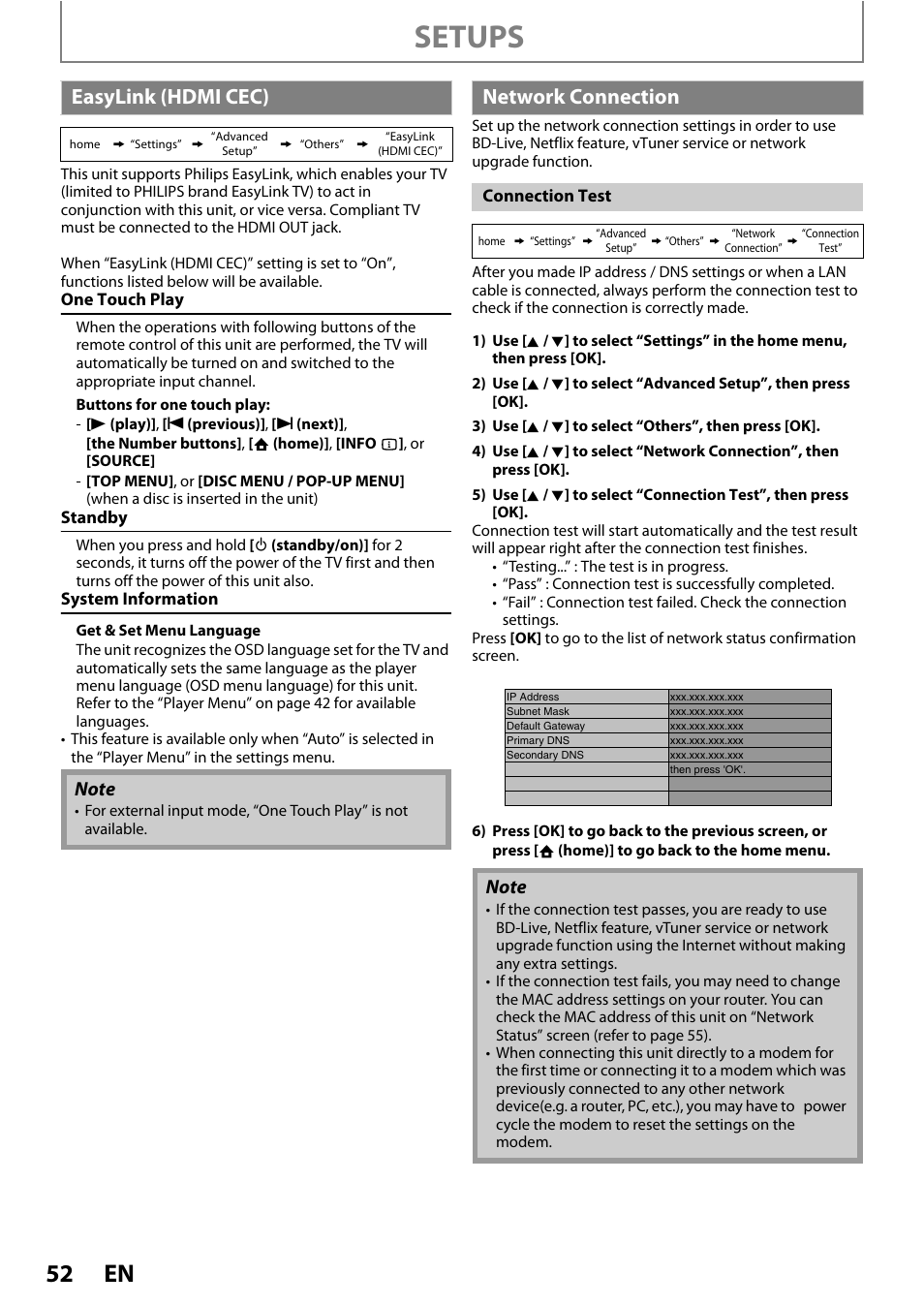 Easylink (hdmi cec) network connection, R to “network, Setups | Easylink (hdmi cec), Network connection | Philips HTS3251B/F7 User Manual | Page 52 / 68