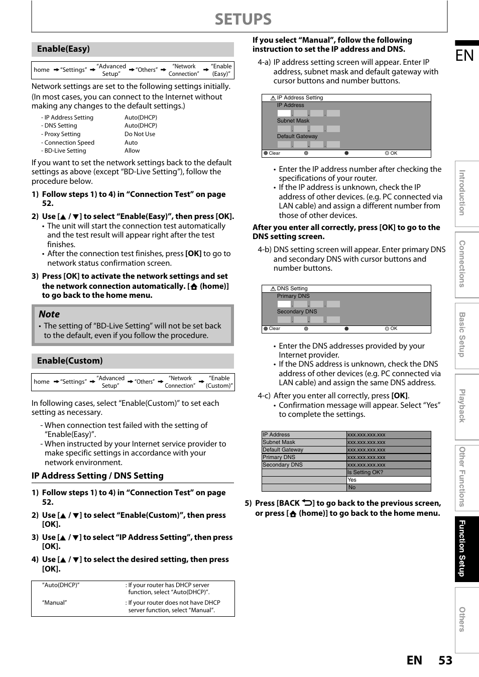 Setups, Ip address setting / dns setting, Enable(easy) | Enable(custom) | Philips HTS3251B/F7 User Manual | Page 53 / 68