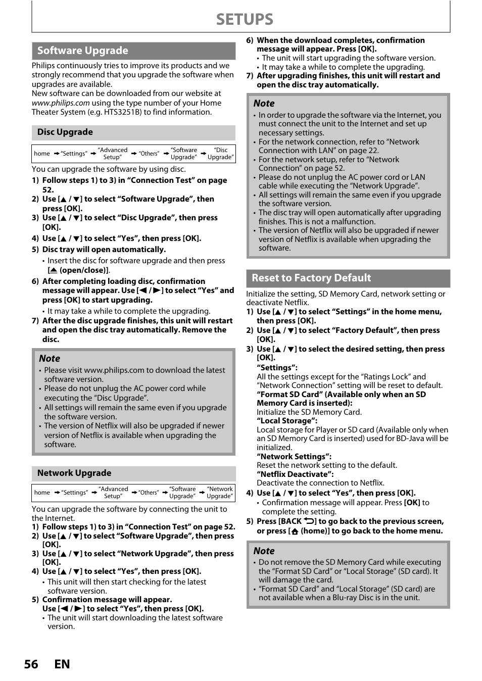 Software upgrade reset to factory default, Setups, Software upgrade | Reset to factory default | Philips HTS3251B/F7 User Manual | Page 56 / 68