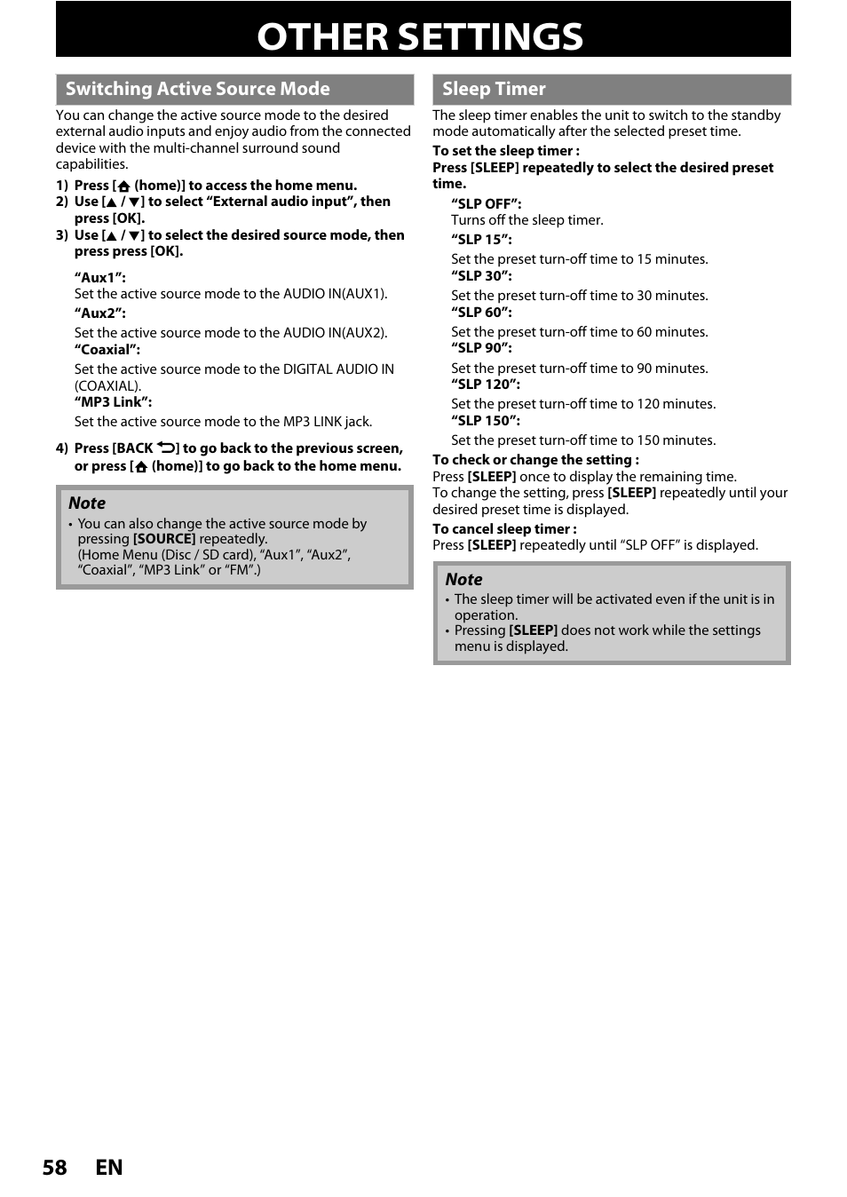 Other settings, Switching active source mode sleep timer, En 58 | Switching active source mode, Sleep timer | Philips HTS3251B/F7 User Manual | Page 58 / 68