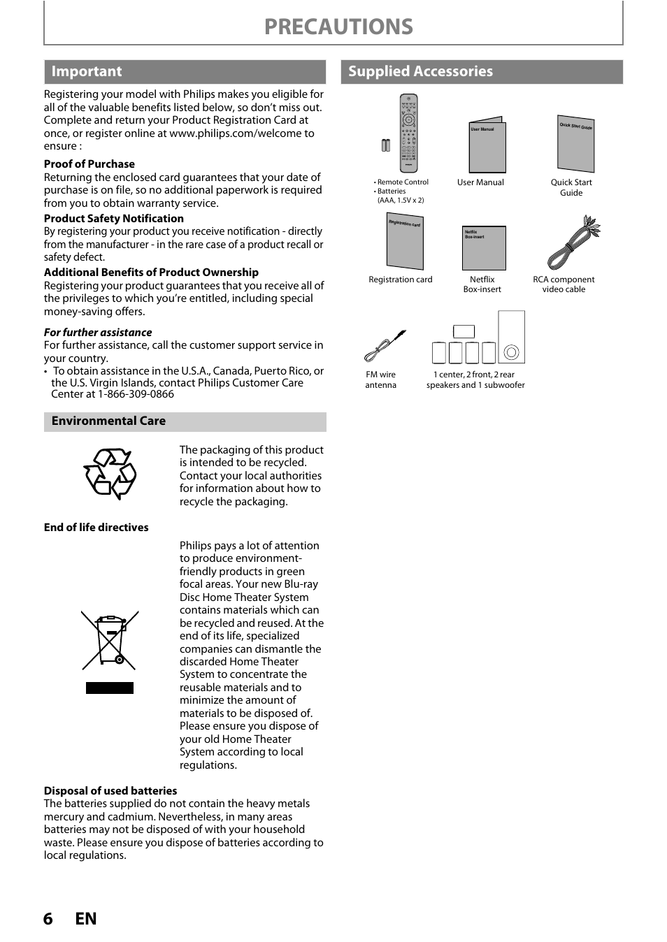 Precautions, Important, Supplied accessories | Environmental care | Philips HTS3251B/F7 User Manual | Page 6 / 68