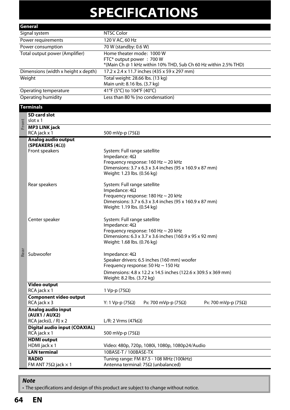 Specifications, En 64 | Philips HTS3251B/F7 User Manual | Page 64 / 68