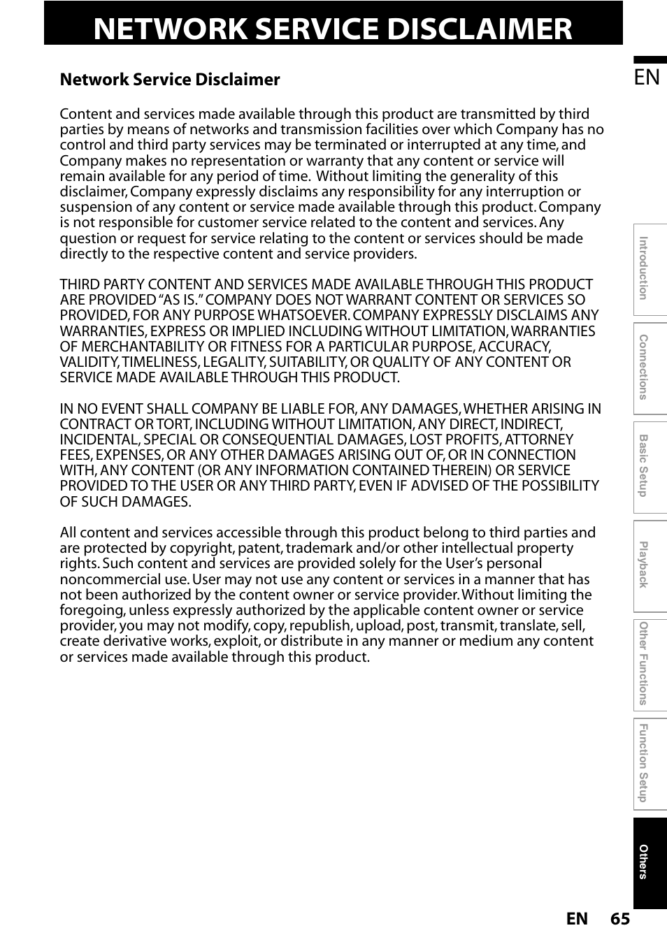 Network service disclaimer, 65 en | Philips HTS3251B/F7 User Manual | Page 65 / 68