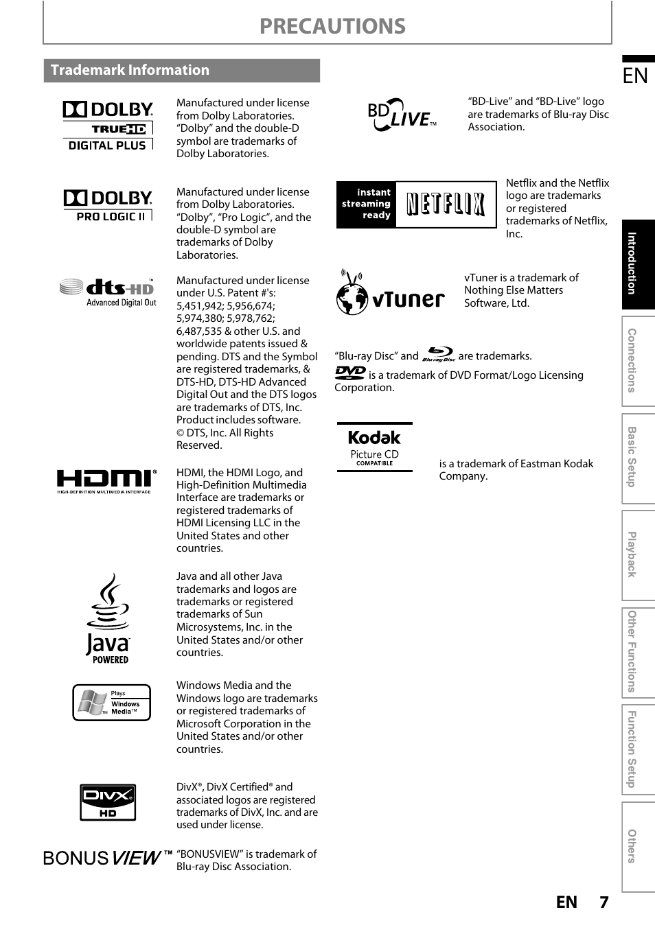 Precautions, Trademark information | Philips HTS3251B/F7 User Manual | Page 7 / 68