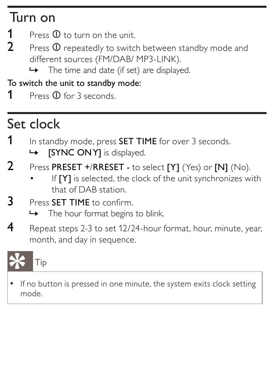 Turn on, Set clock | Philips AJB1002/79 User Manual | Page 10 / 25