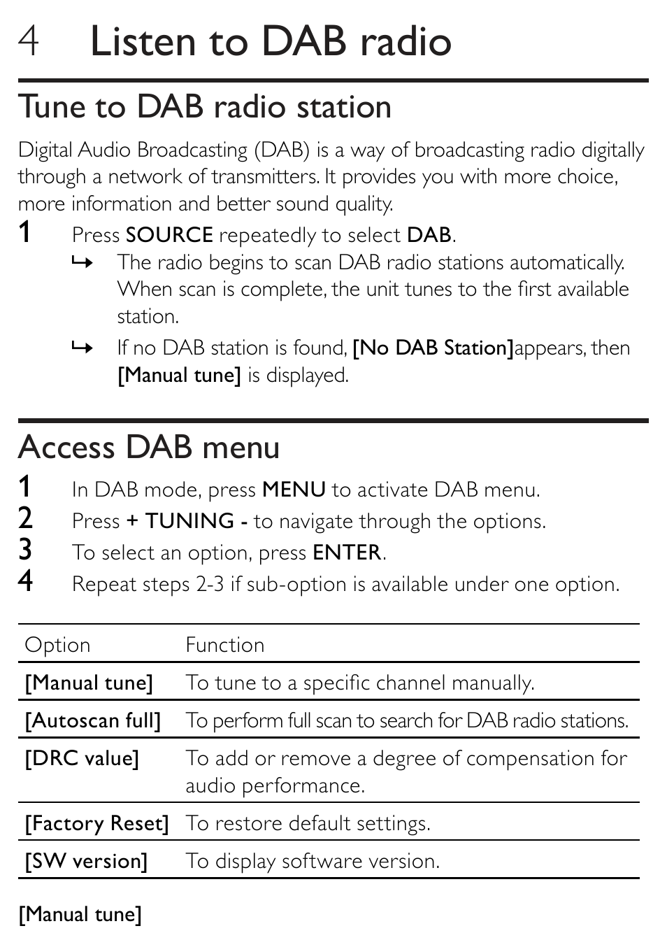 4 listen to dab radio, Tune to dab radio station, Access dab menu | Philips AJB1002/79 User Manual | Page 11 / 25