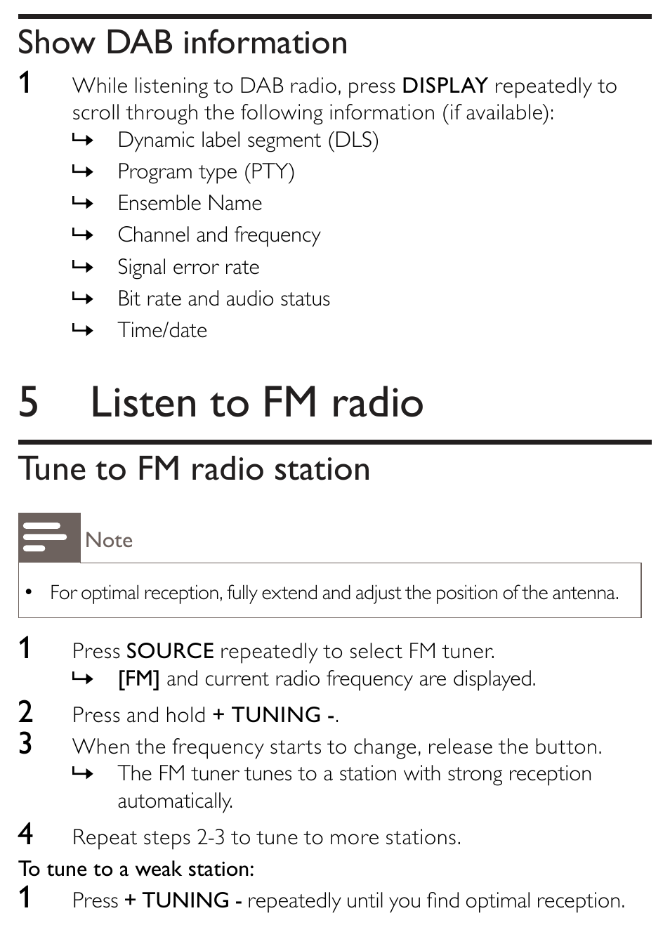 5 listen to fm radio, Show dab information, Tune to fm radio station | Philips AJB1002/79 User Manual | Page 13 / 25